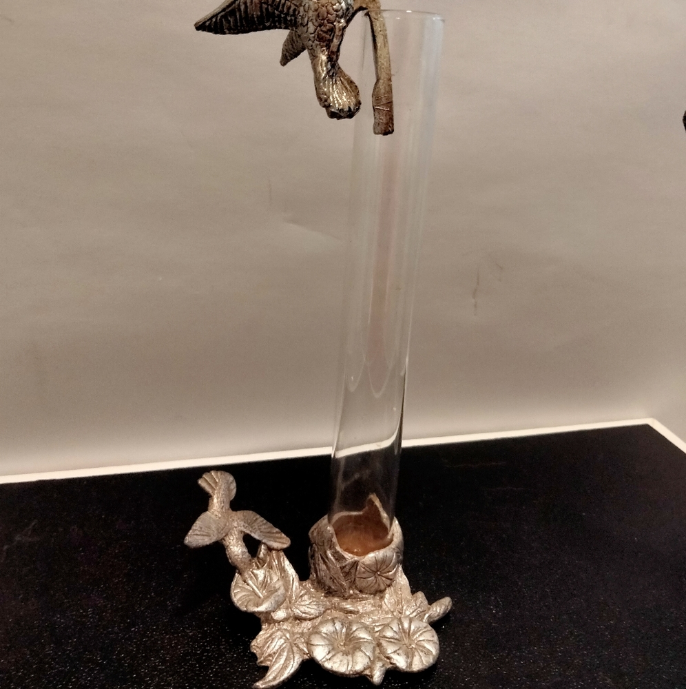 Hummingbird mini vase with beautiful details glass and metal